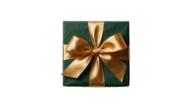 Square dark green gift box with golden satin ribbon bow, isolated on transparent background