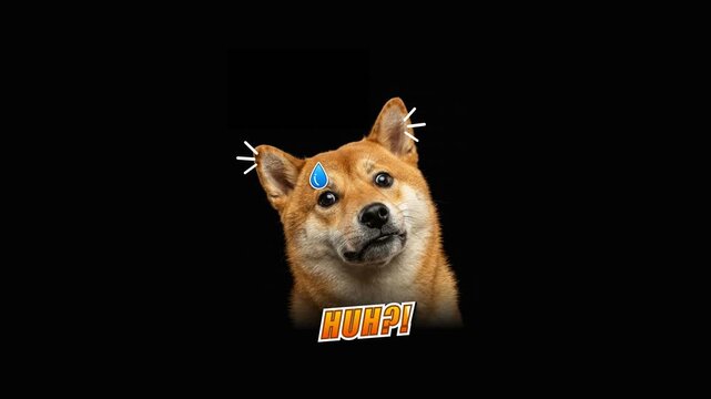 Confused shiba inu dog reacting with surprise huh text on black background. 4K Video