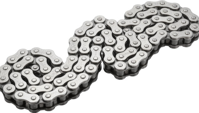 Roller chain drive mechanism with interlocking metal links, isolated on transparent background