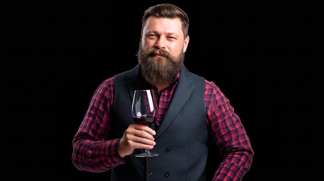 Stylish handsome man with big beard holds wine glass.