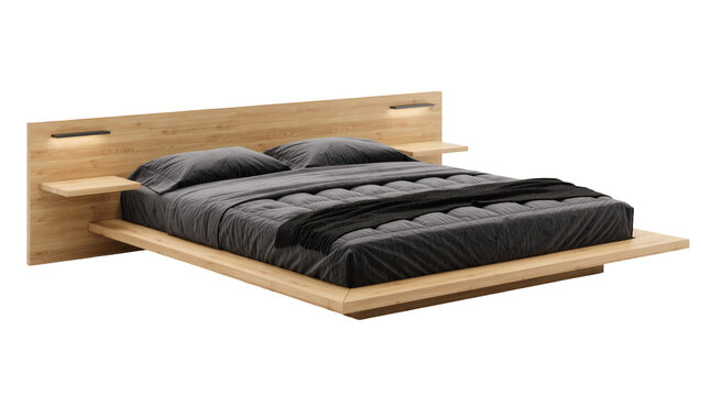Modern wooden platform bed with integrated headboard and bedside shelves, isolated on transparent background