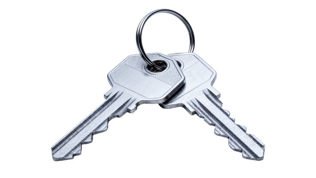 Two silver metal keys on a ring, isolated on transparent background