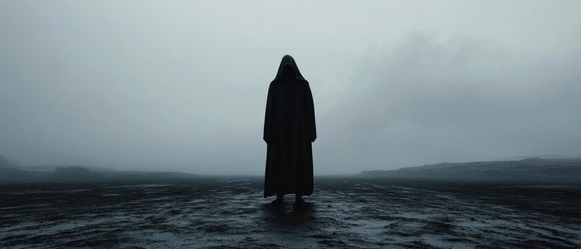 Figure in dark hooded cloak standing outdoors