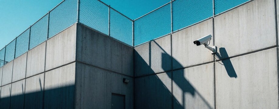 High security prison with massive concrete walls, tall metal fence. Modern CCTV camera monitors perimeter for surveillance. Blue sky background shows industrial facility design. Safety system