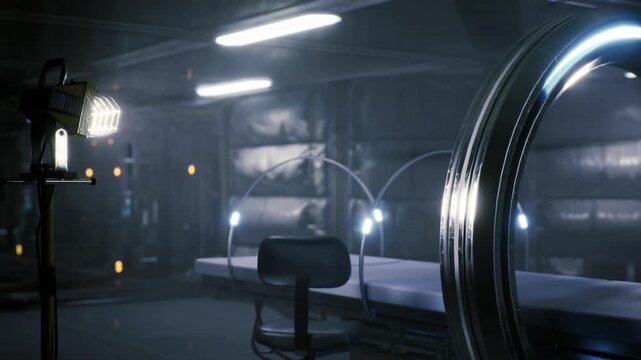 Observation lounge interior inside space station, circular viewport rimmed with light offers empty chair facing stars, reflective floor and soft glow create