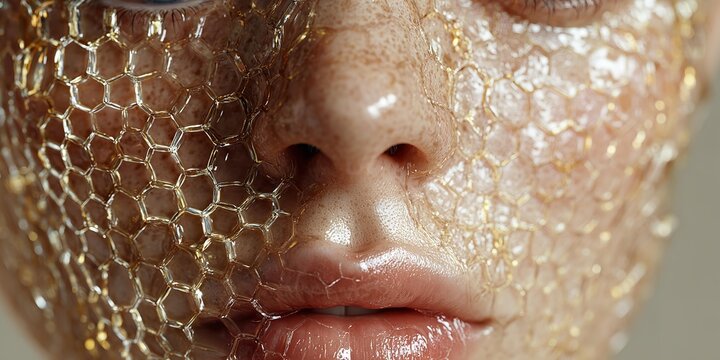 A woman's face is covered in a golden substance, giving her a unique