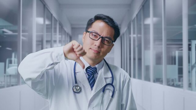 Close Up Of Asian Male Doctor Showing Thumbs Down Gesture While Standing In A Hospital Corridor