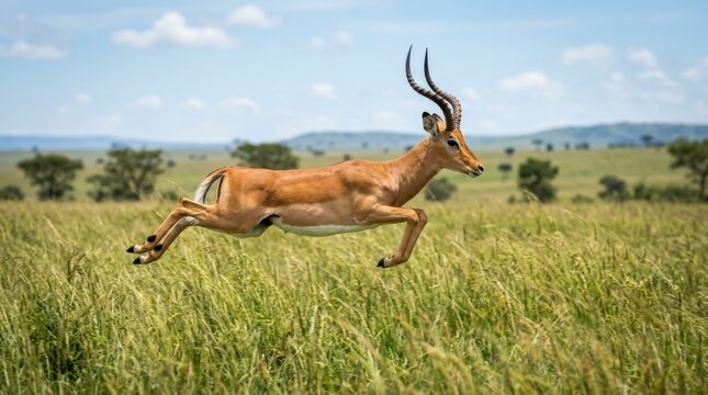 A male impala leaps gracefully through the tall grasses of the vast African savanna landscape