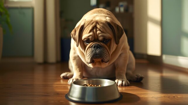 Furry pug sits patiently on wooden floor