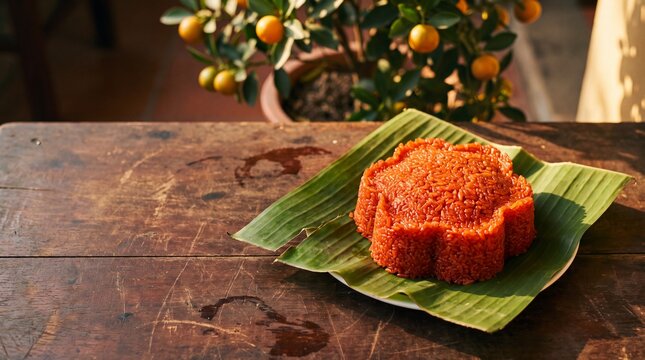 Flower shaped red gac sticky rice on banana leaf for Tet