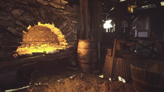Preparation corner beside glowing oven, barrels and utensils arranged for baking shift, warm orange illumination highlights dust motes and rustic floor, sense