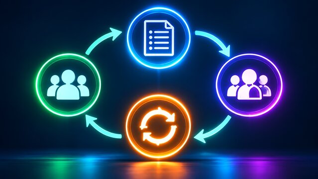 Continuous integration business workflow displaying glowing neon icons for teamwork document sharing and cycle synchronization