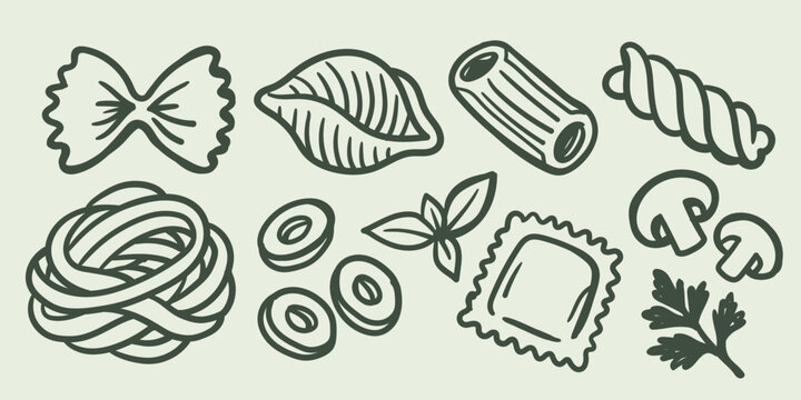 Italian Pasta Shapes Hand Drawn Doodle Set with Farfalle, Ravioli, Penne, Fusilli, Tortellini and Traditional Food Elements