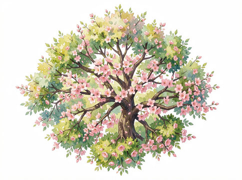 Colorful illustration of a flowering tree, likely representing spring or a floral theme.