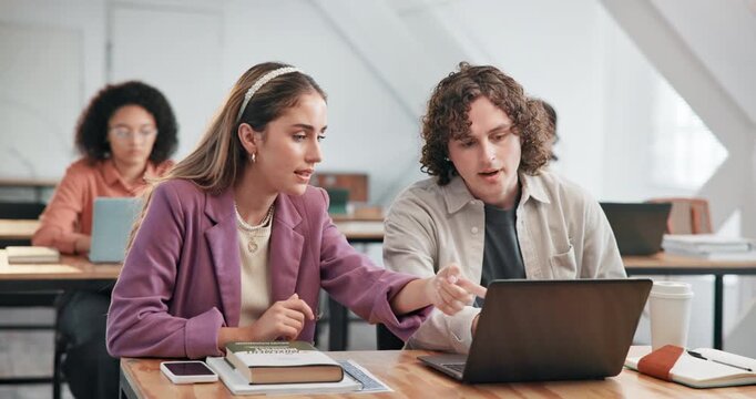 College, students and laptop in class with stress, browser crash and late assignment with data loss. University, people and frustrated with tech for technical glitch, high plagiarism report and worry