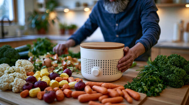 Comprehensive display of preparing compost materials with a stylish countertop compost bin and fresh vegetable scraps in a modern kitchen, clean composition