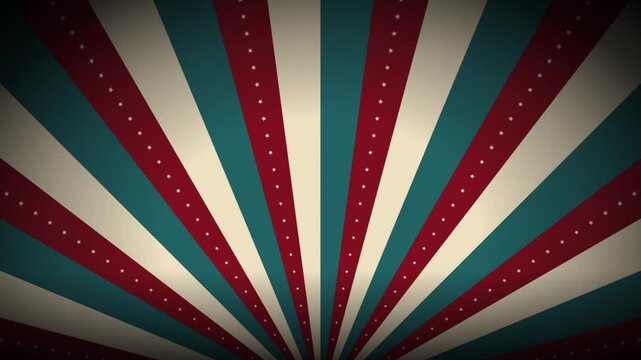 Rotating sunburst features red cream teal rays. vintage circus pattern adds retro vibes. classic motion graphic.