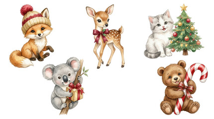 Fototapeta premium Cute watercolor Christmas animals collection with festive decorations and holiday elements