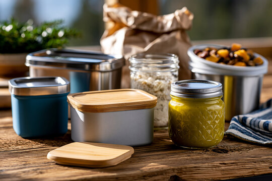 Decorative arrangement of reusable food storage collection with glass jars, stainless steel lunch boxes, silicone storage bags and bamboo lids on a wooden countertop, bright morning light