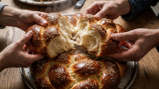 Family breaking fresh challah bread together