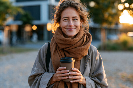 Decorative arrangement of smiling adult enjoying coffee from a reusable insulated mug while walking through a modern urban park, golden morning sunlight, , , , lifestyle