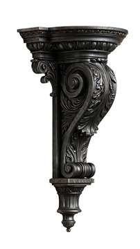 Elegant black corbel with intricate scrollwork design.