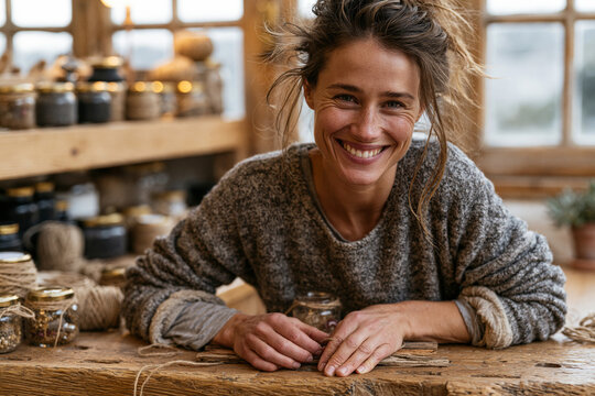 Stylish concept showing smiling adult assembling eco-friendly home decor from reclaimed wood, glass jars and natural twine at a bright wooden workbench, organized sustainable craft supplies, warm