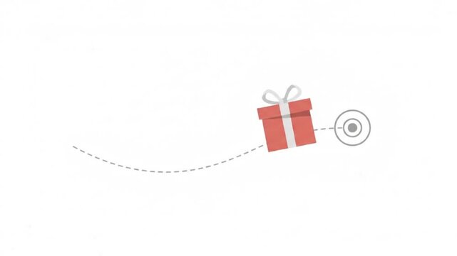 Simple elegant 2D vector animation of a minimal gift box icon traveling smoothly along a curved digital path and arriving inside a simple circular destination symbol