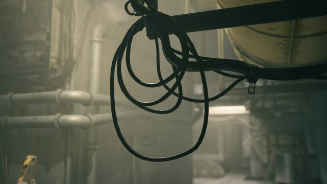 Closeup pipe junction with coiled cables raw industrial detail concrete backdrop metal clamps valve flanges bundled wiring insulation loops hanging shadowed