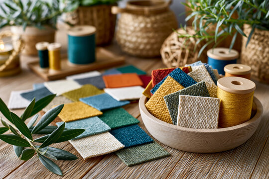 Sustainable craft table featuring recycled fabric scraps, sewing supplies, woven textures and handmade decorative accessories, bright studio lighting
