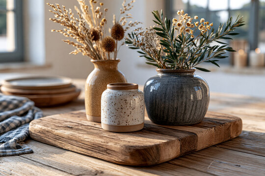 Representation of sustainable decorative centerpiece crafted from reclaimed wood, ceramic vases and dried botanicals on a farmhouse table, warm golden hour lighting