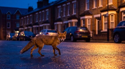 Fototapeta premium Red Fox Exploring Quiet City Street at Night