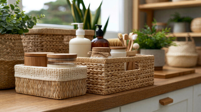 A detailed view of sustainable home organization concept with woven baskets, refillable containers, reusable accessories and natural materials in a bright modern interior
