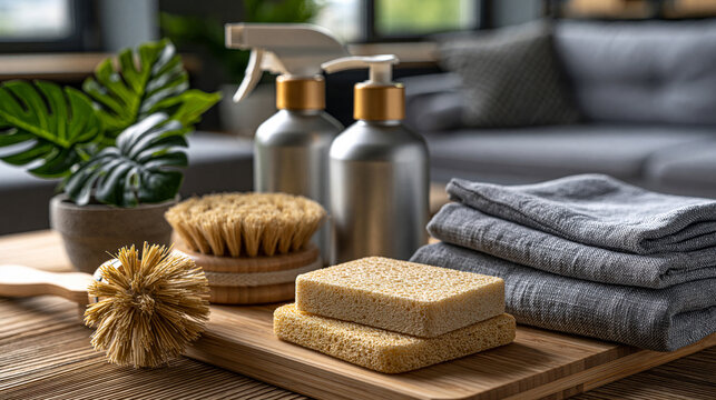 Zero waste cleaning station with refillable spray bottles, natural brushes, biodegradable sponges and folded linen cloths, minimalist home interior, soft daylight