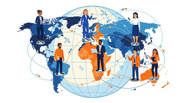 Global business team standing on world map with connection lines, satellites and digital icons, flat vector illustration