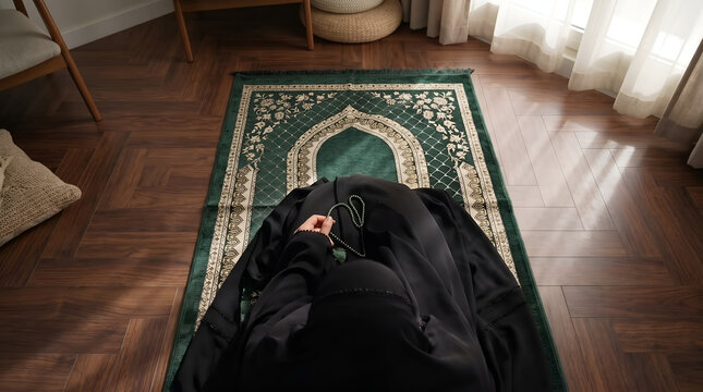 Muslim woman in black abaya praying on a green prayer rug with prayer