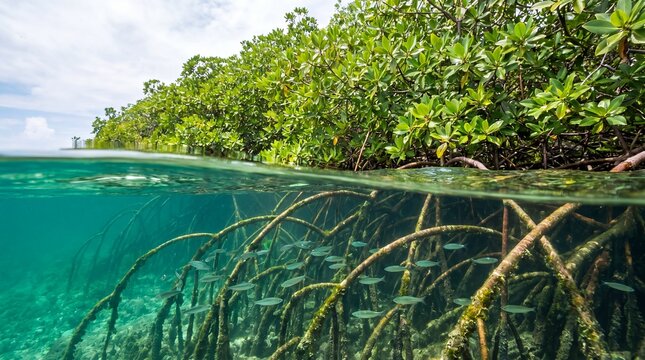 Split Level View of Mangrove Roots Above and Below Water