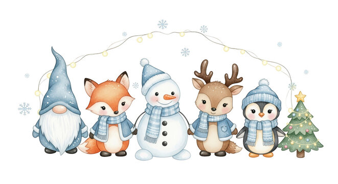 Watercolor Christmas characters collection, cute winter gnome fox snowman reindeer and penguin, festive holiday illustration for greeting cards