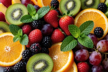 Fototapeta premium Top view of fresh fruit salad on marble plate. Sliced kiwi, strawberries, oranges, grapes, blackberries mixed with green mint leaves. Healthy organic vegetarian breakfast bowl with juicy tropical