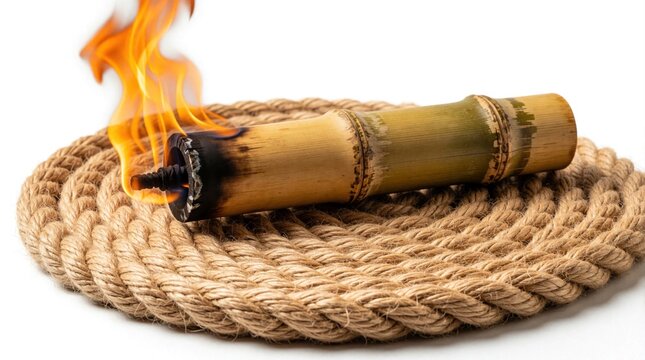 Burning bamboo torch with rope base on white background. Traditional wooden stick with bright fire flame. Eco friendly light tool for camping garden decoration. Natural bamboo pole burns with hot