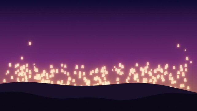Happy New Year 2027 sky lanterns 4K animation, hundreds of glowing lanterns rising at twilight to form 2027 in night sky