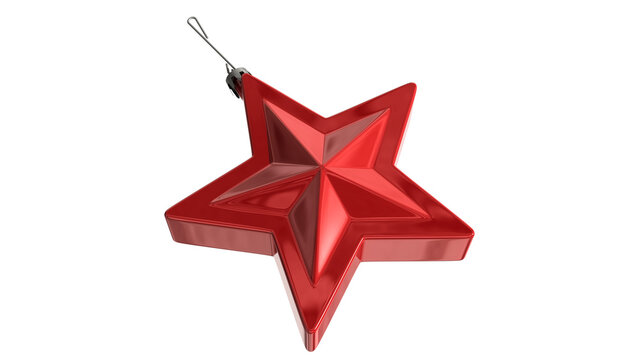 Red Christmas star pendant ornament isolated on transparent background. Shiny plastic tree decoration in three quarter angle view, 3D render.