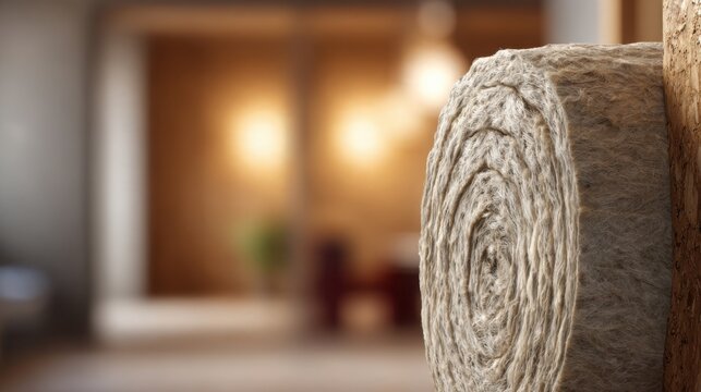 close up of a clean roll of high density mineral wool insulation standing vertically in the foreground, detailed fibrous texture clearly visible
