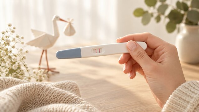 Hand holding positive pregnancy test beside paper stork on a soft bed. Pregnancy announcement and expecting parent concept. Fertility, family planning and maternity care.