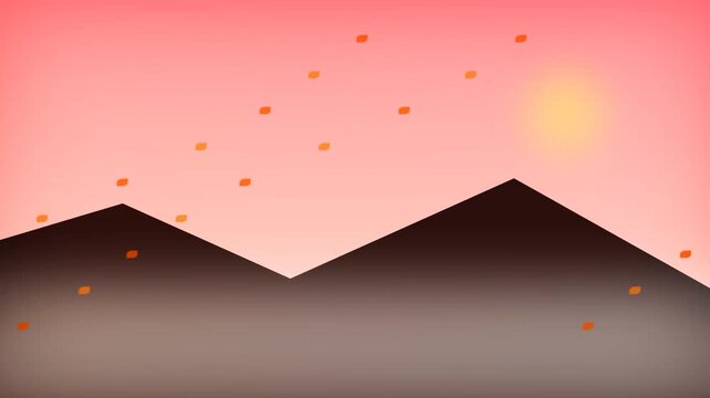 A serene 2D sunset landscape with rising fireflies and floating particles.