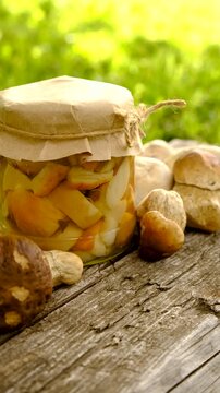 Preservation of chanterelle mushrooms in a jar. Selective focus.