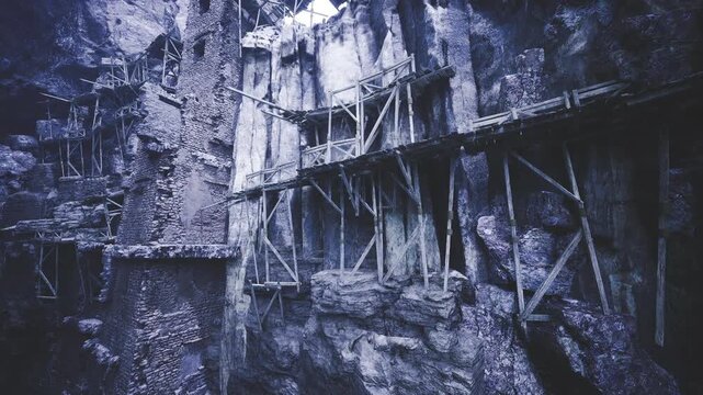 Narrow cliffside route for climbers, exposed ledges and anchors define a technical traverse, rope and gear implied, highadrenaline atmosphere for adventure,