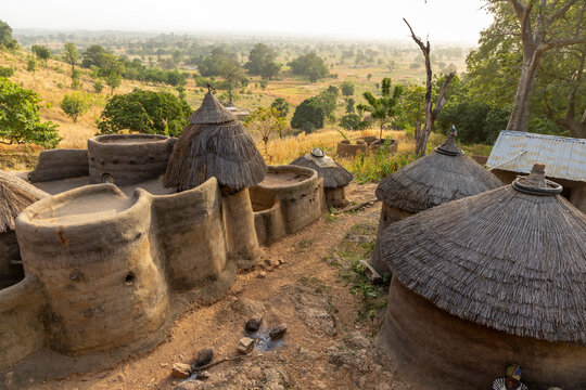 Clustered mud tower houses with thatched roofs, Tamberma, Togo