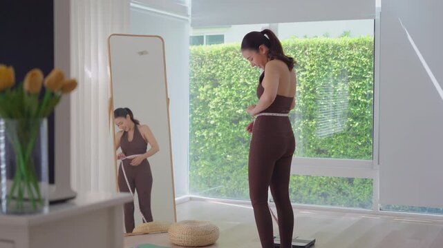 Rear view people young adult asian woman self measure waist size shape lean body mass index fat by tape track weight loss perimenopause life anti aging diet preventive modern medicine asia health care