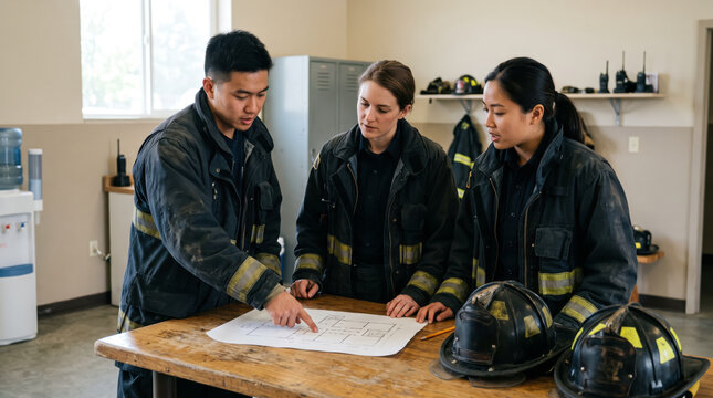 Group of three multiethnic firefighters in uniform analyzing a floor plan blueprint map on a table inside a fire station brief room.